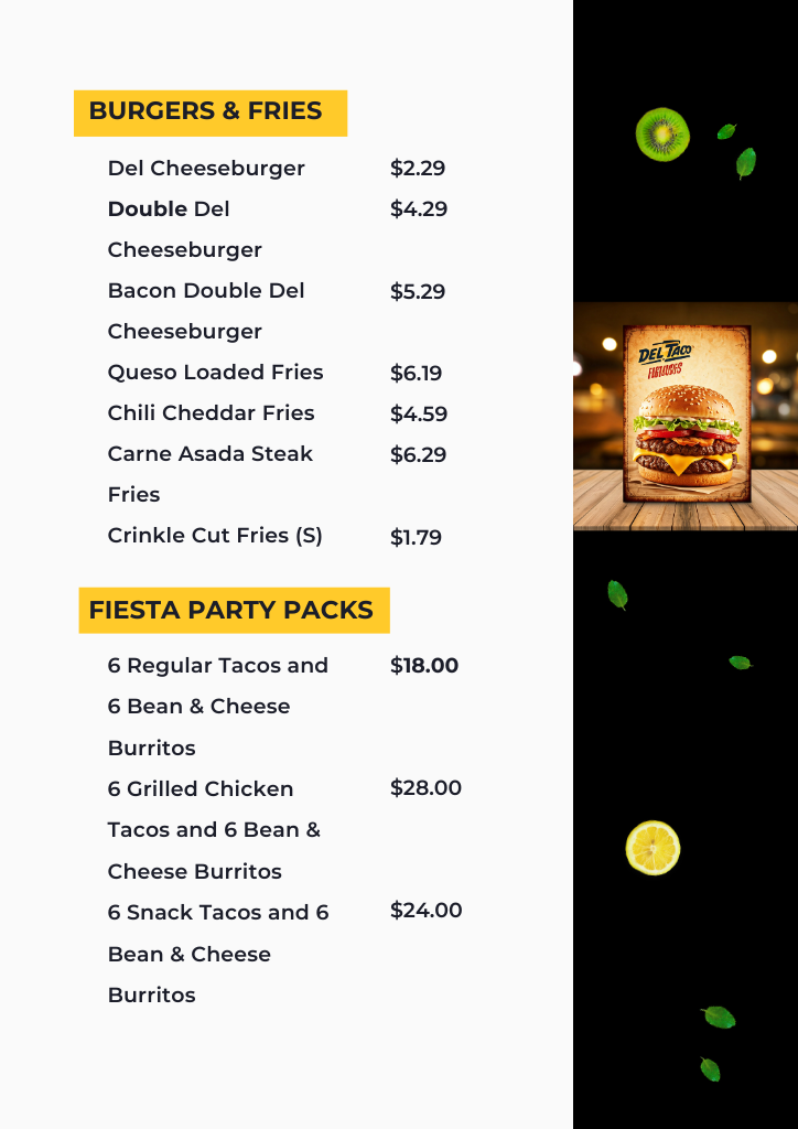 Complete Del Taco Menu with Photos Prices & Specials 2025 5 del taco menu card detail with prices