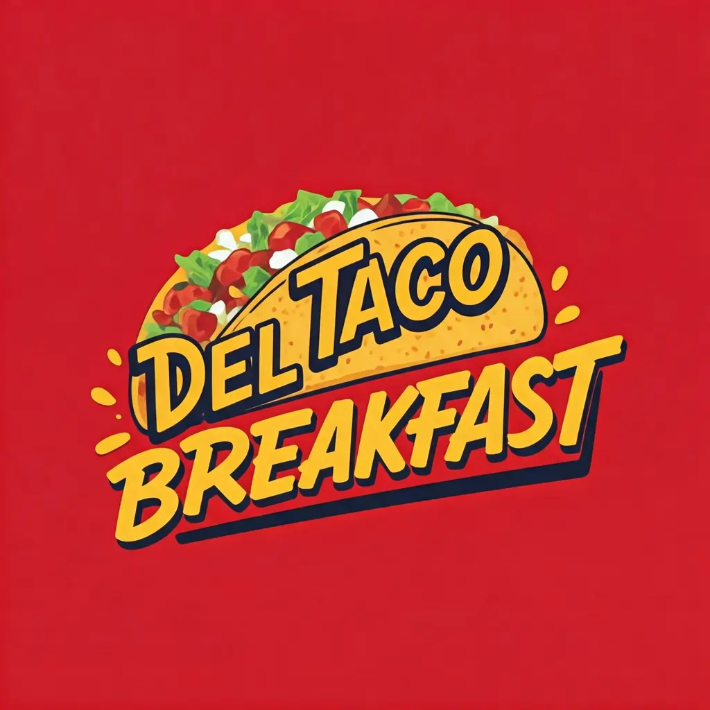 Del Taco breakfast plate featuring a loaded breakfast burrito filled with scrambled eggs, cheese, crispy bacon, and hash browns, served alongside a small cup of salsa, with a backdrop of vibrant packaging and a refreshing orange juice.